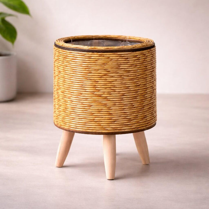 Flower Planter with Wooden Stand | Woven Basket Texture | Suitable for Indoor and Outdoor | Plantara