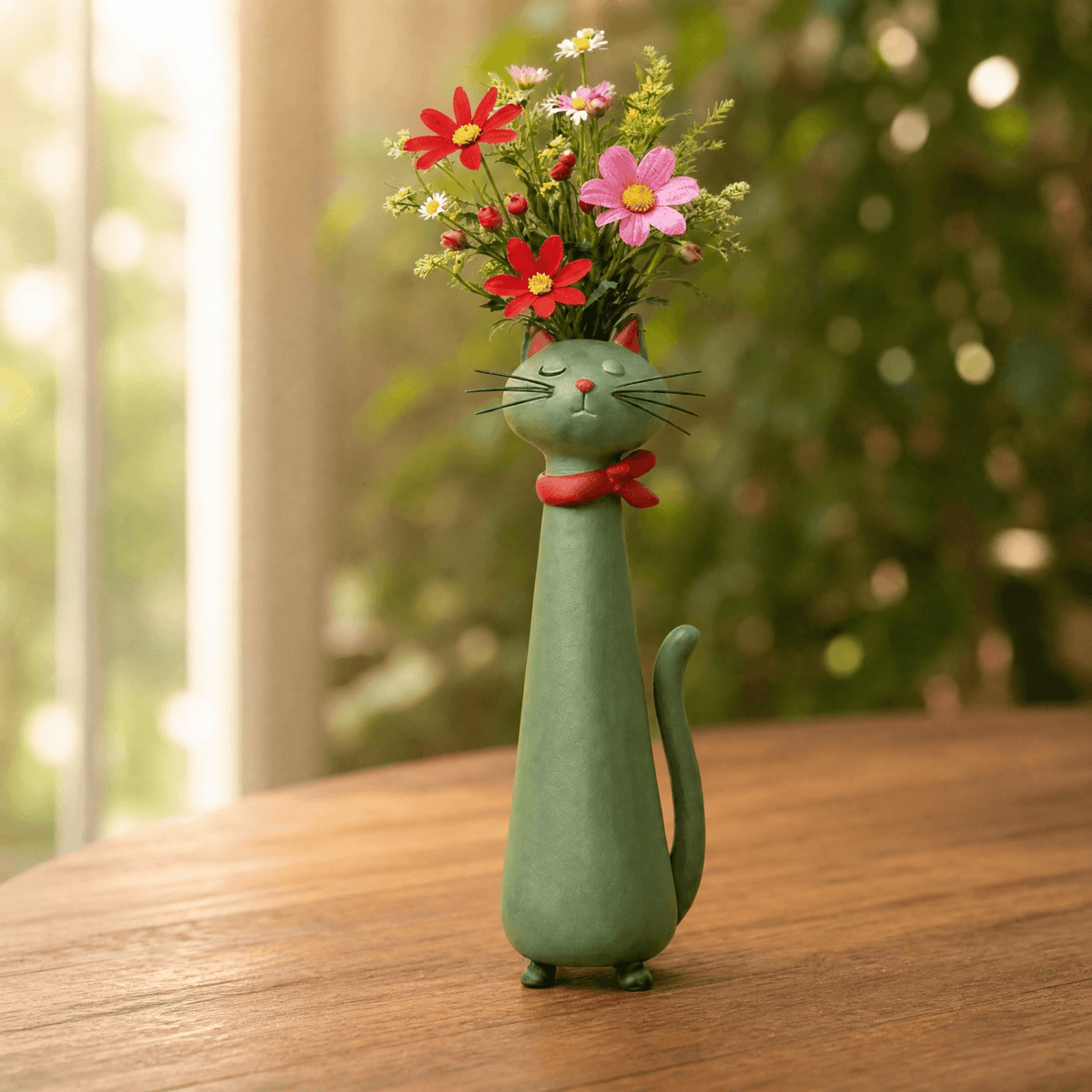 Felina – Handmade Ceramic Cat Flower Vase Green Cat