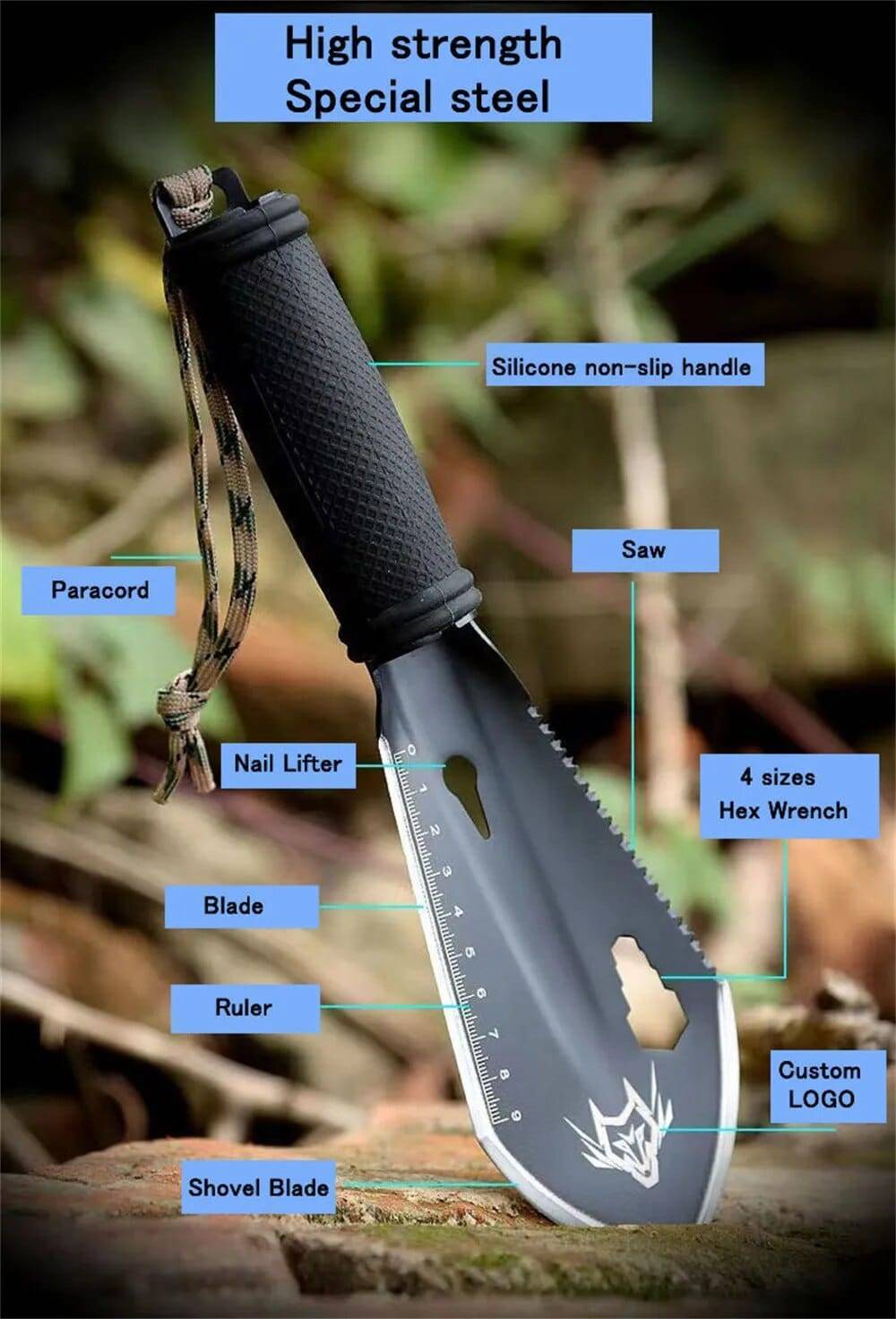 Multi-Function Stainless Steel Survival Shovel Kit with Accessories