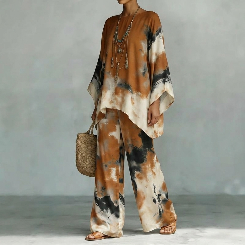 Aterra™ - Artistic Watercolor Tunic and Wide Leg Pants Set