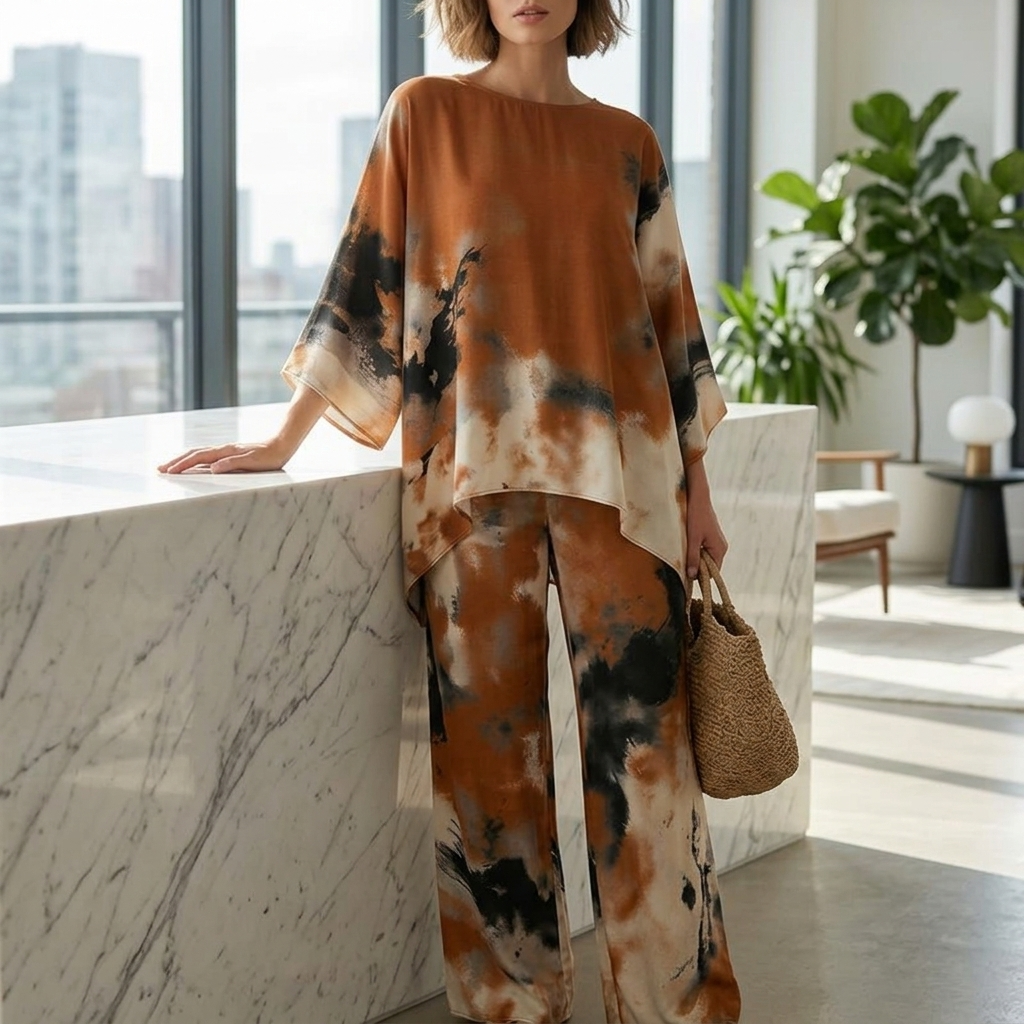 Aterra™ - Artistic Watercolor Tunic and Wide Leg Pants Set