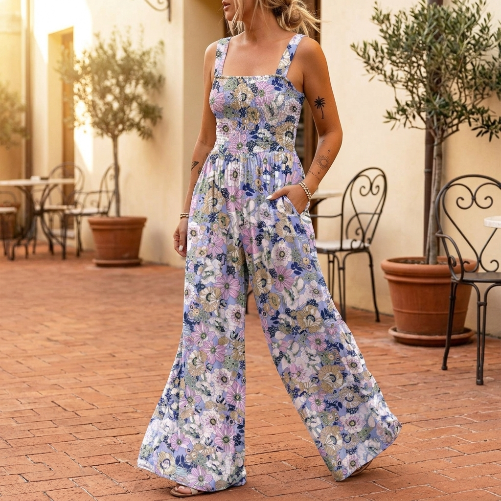Bloomara™ – Floral Wide Leg Jumpsuit With Pockets