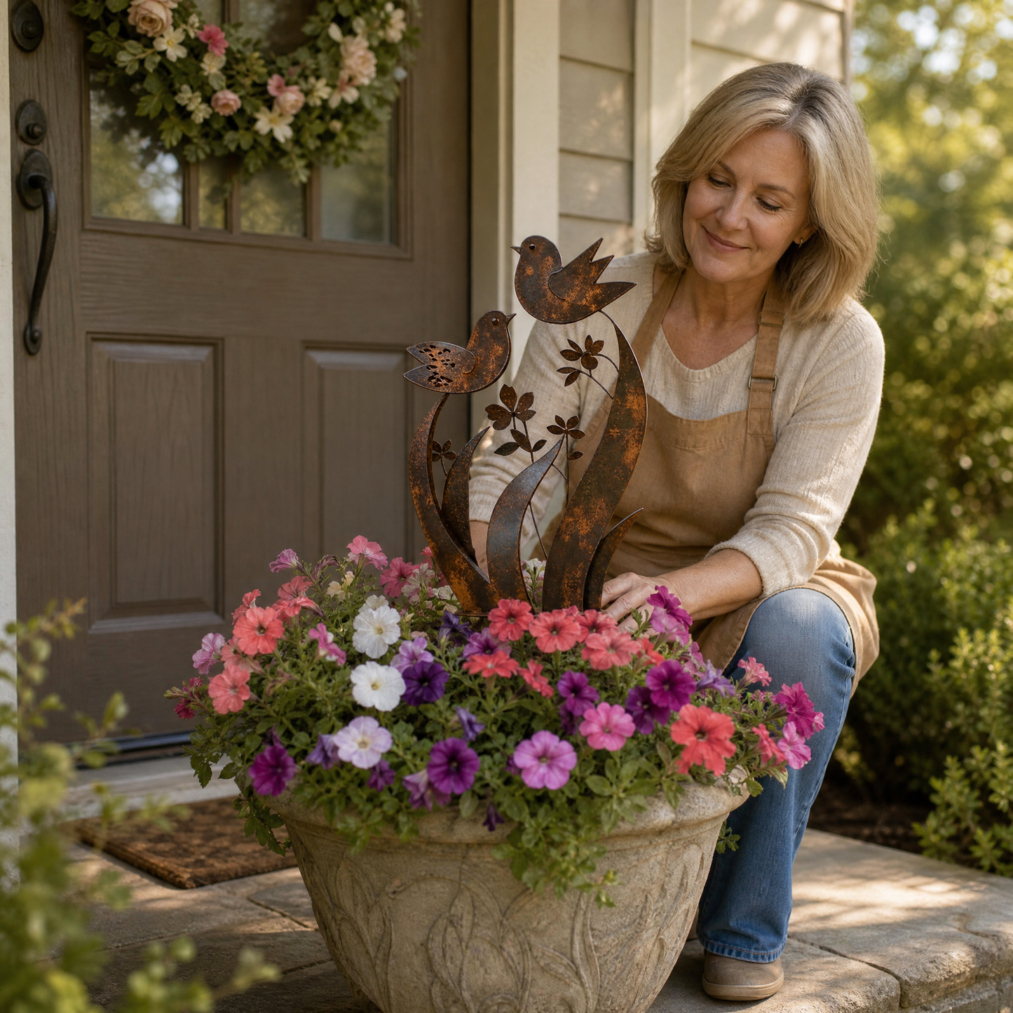 Rustic Bird & Wildflower Garden Stake for Garden & Patio Decor