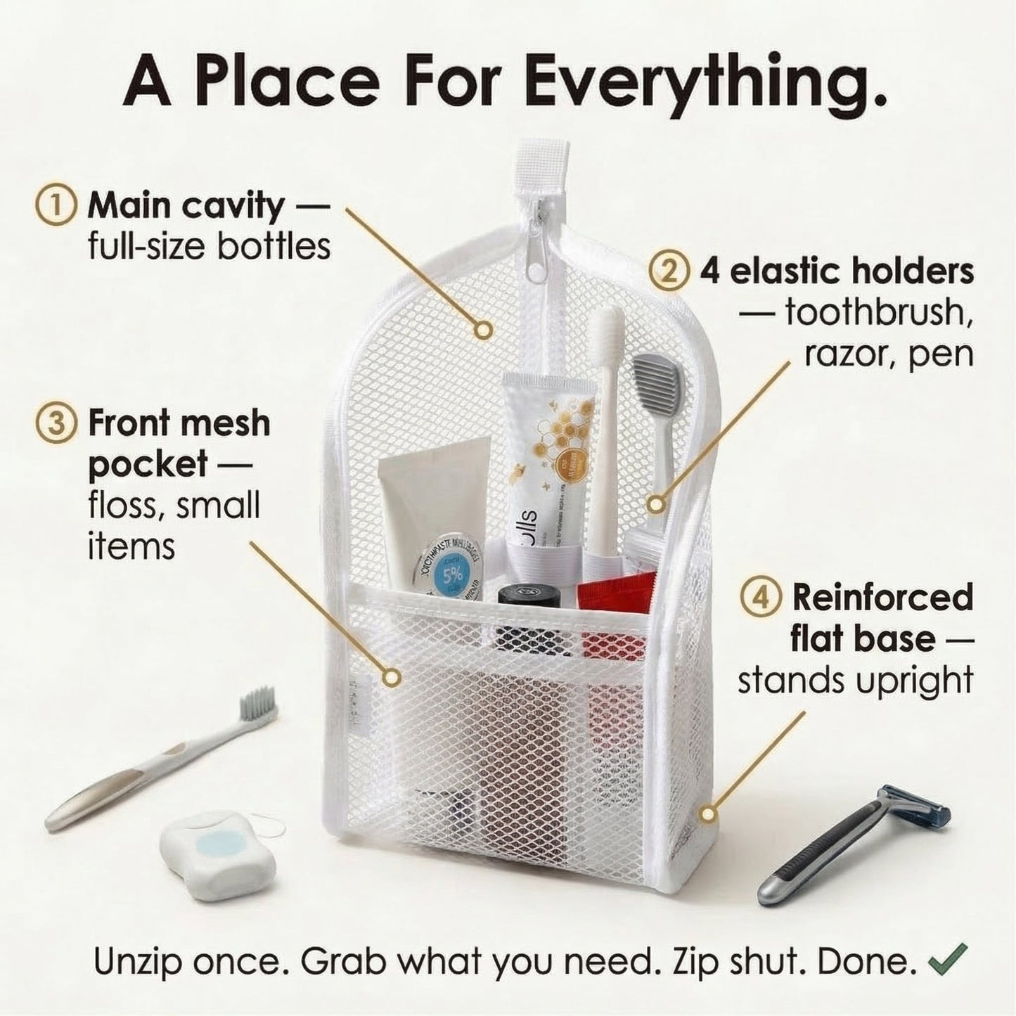 Self Standing Travel Toiletry Pouch Organizer for Toothbrush & Accessories