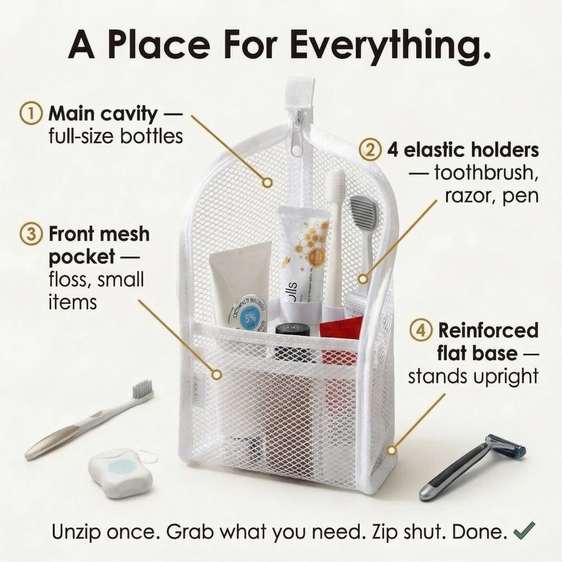 Self Standing Travel Toiletry Pouch Organizer for Toothbrush & Accessories