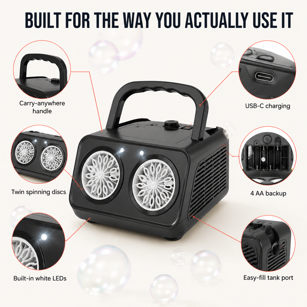 BubblyRush™ — Flood Any Backyard Party With a Twin-Disc Bubble Storm