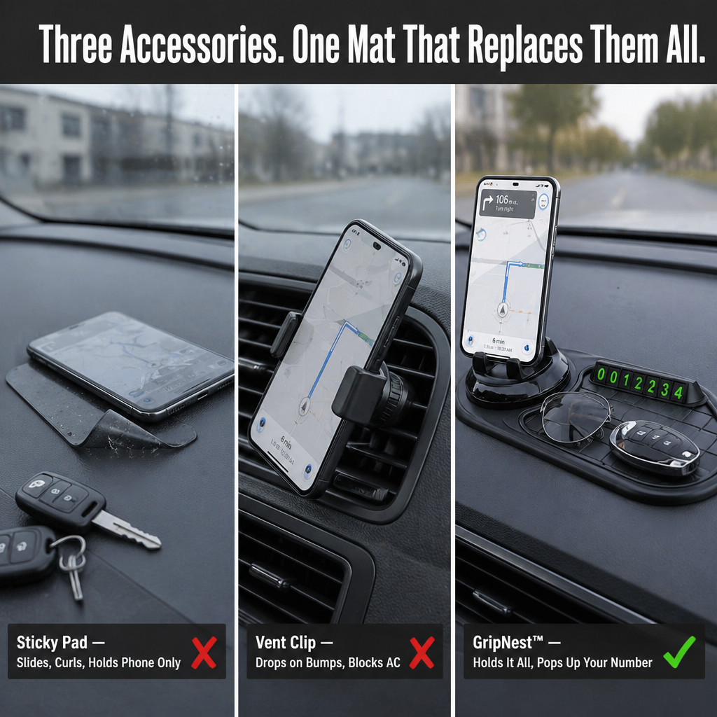 GripNest™ — Pin Your Phone, Flash Your Parking Number & Tame the Dashboard in One Pad