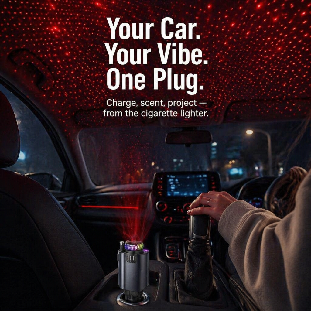 LumiVibe™ — Charge, Scent & Star-Project Your Car From One Plug