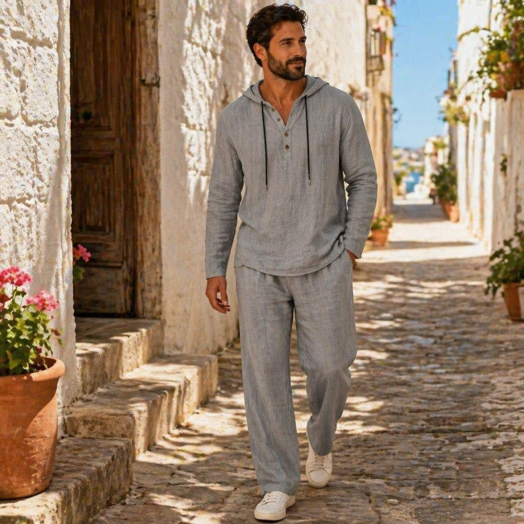 Drakescape™ – Relaxed Hooded Linen Henley Top & Pants Set