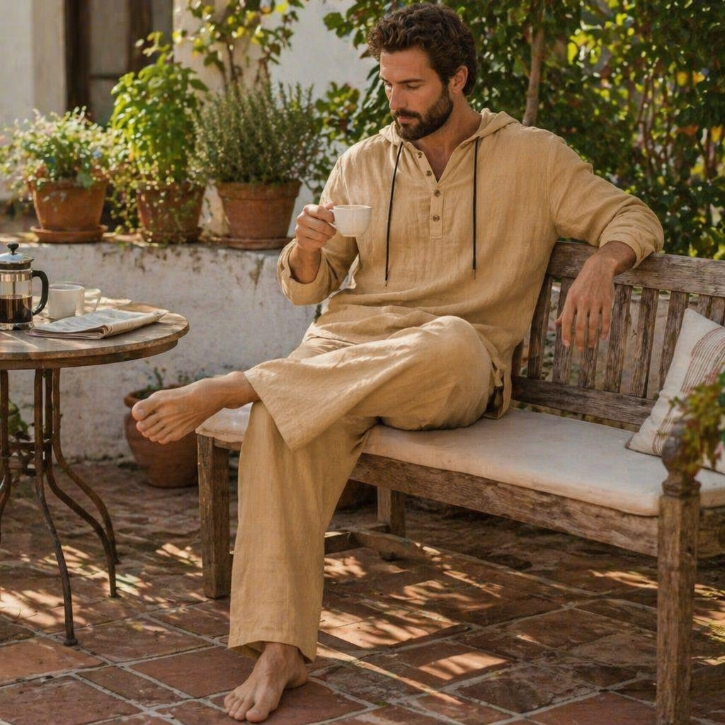 Drakescape™ – Relaxed Hooded Linen Henley Top & Pants Set