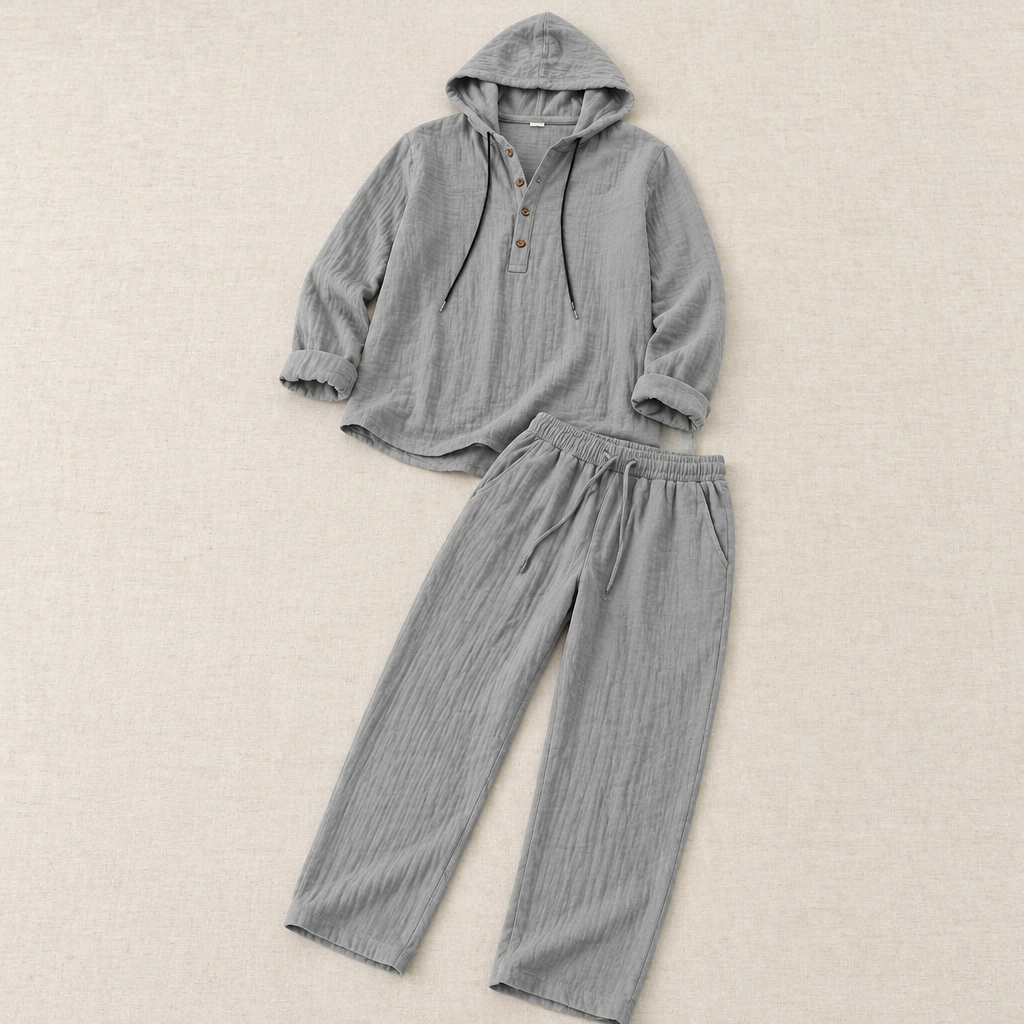Drakescape™ – Relaxed Hooded Linen Henley Top & Pants Set