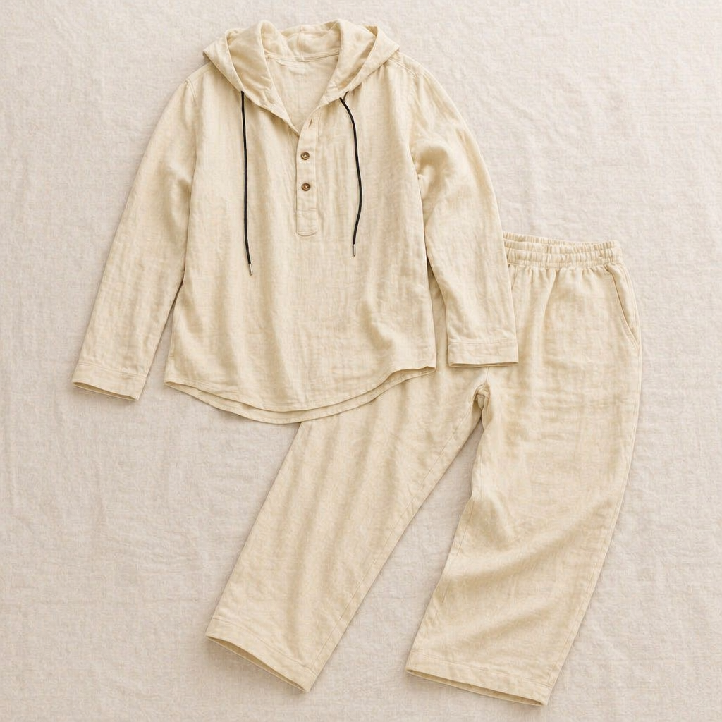 Drakescape™ – Relaxed Hooded Linen Henley Top & Pants Set