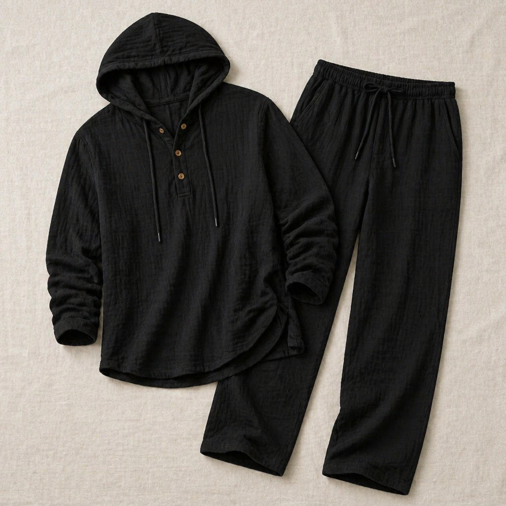 Drakescape™ – Relaxed Hooded Linen Henley Top & Pants Set