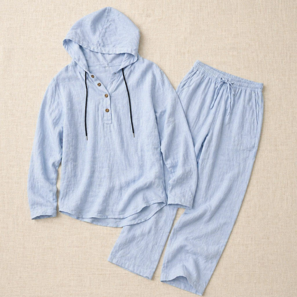 Drakescape™ – Relaxed Hooded Linen Henley Top & Pants Set