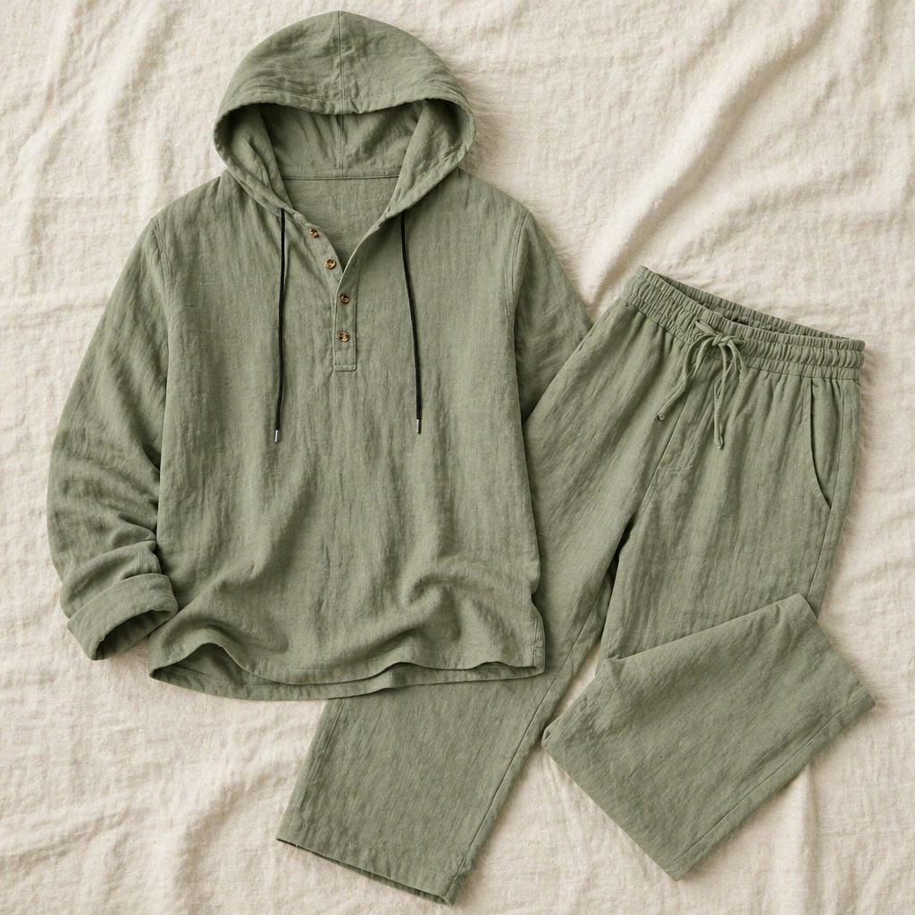 Drakescape™ – Relaxed Hooded Linen Henley Top & Pants Set