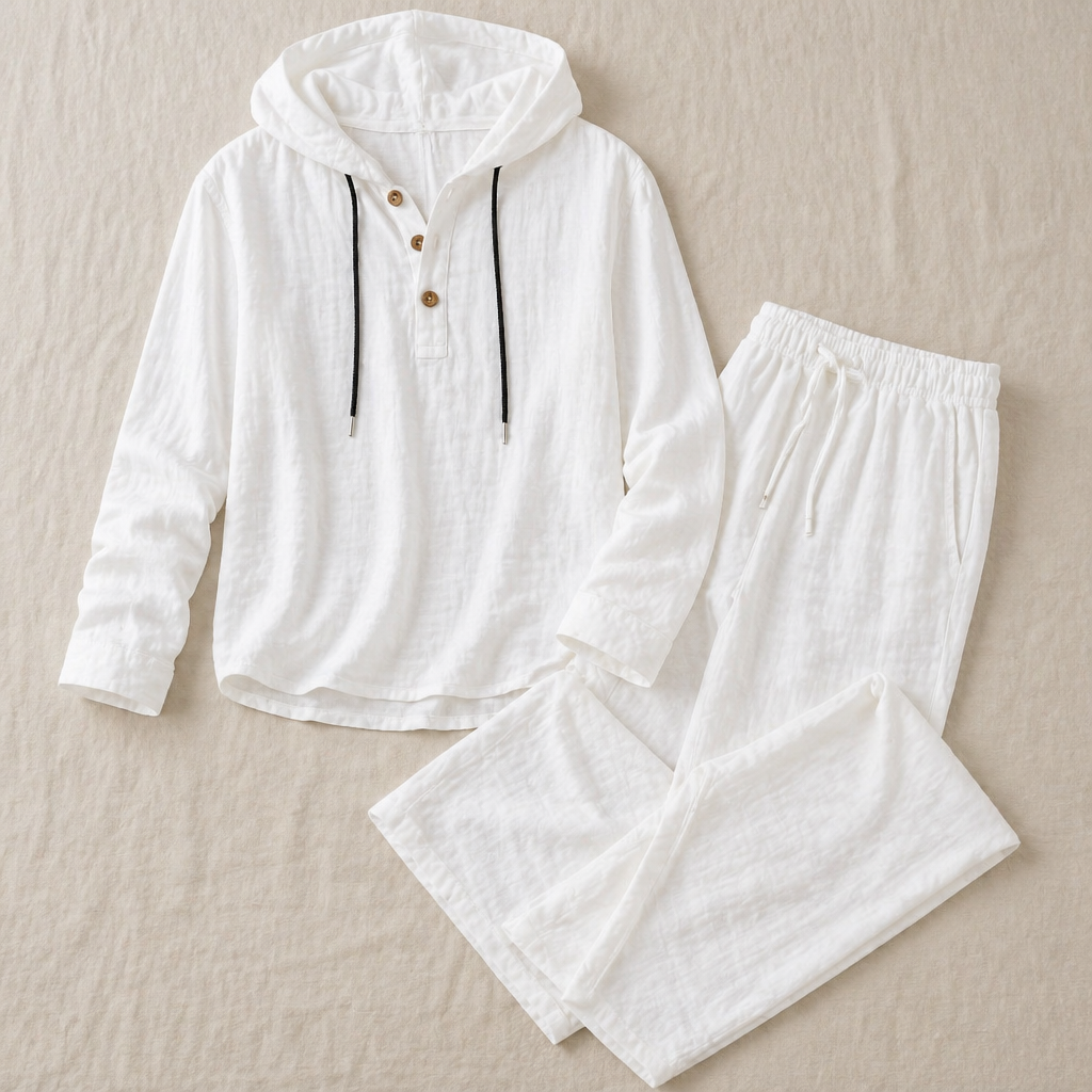 Drakescape™ – Relaxed Hooded Linen Henley Top & Pants Set