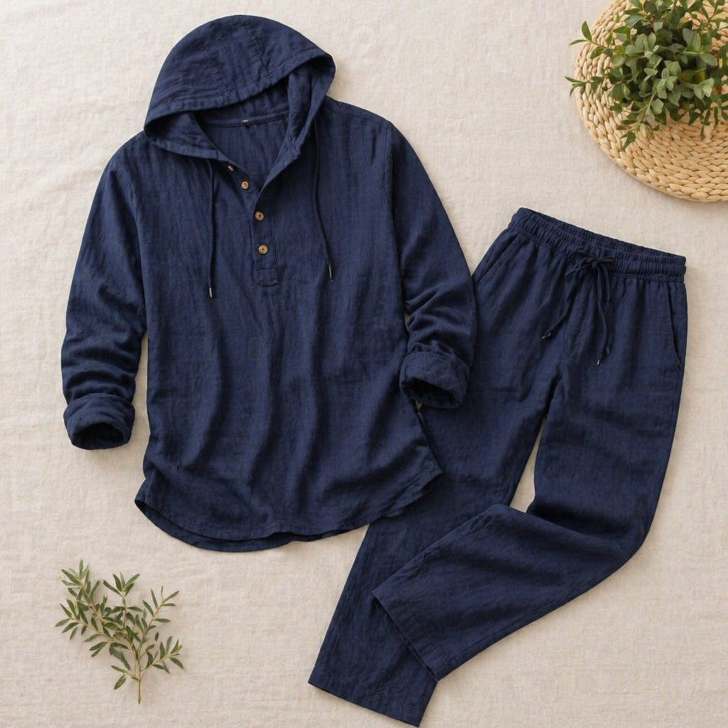 Drakescape™ – Relaxed Hooded Linen Henley Top & Pants Set