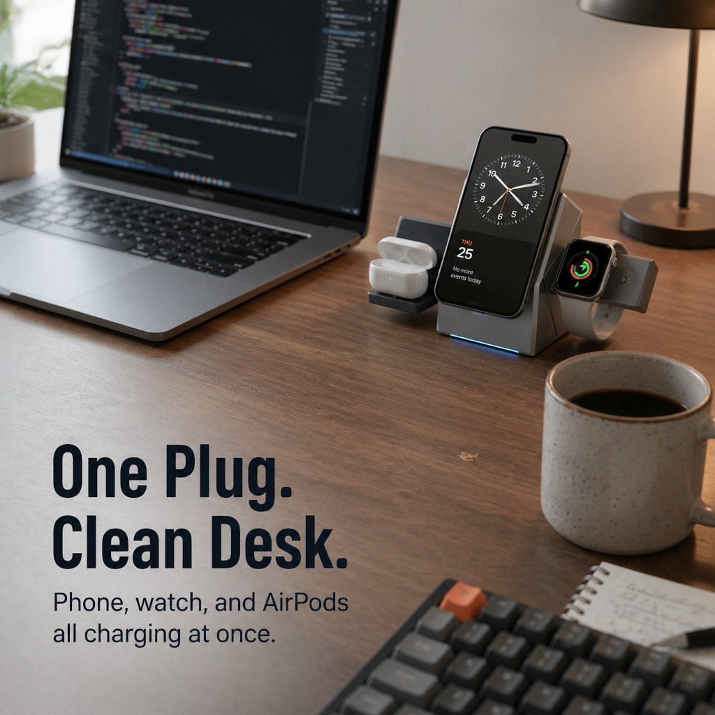 ChargeFlow™ — Snap Your iPhone, Watch & Headsets Onto One Foldable Qi2 Stand