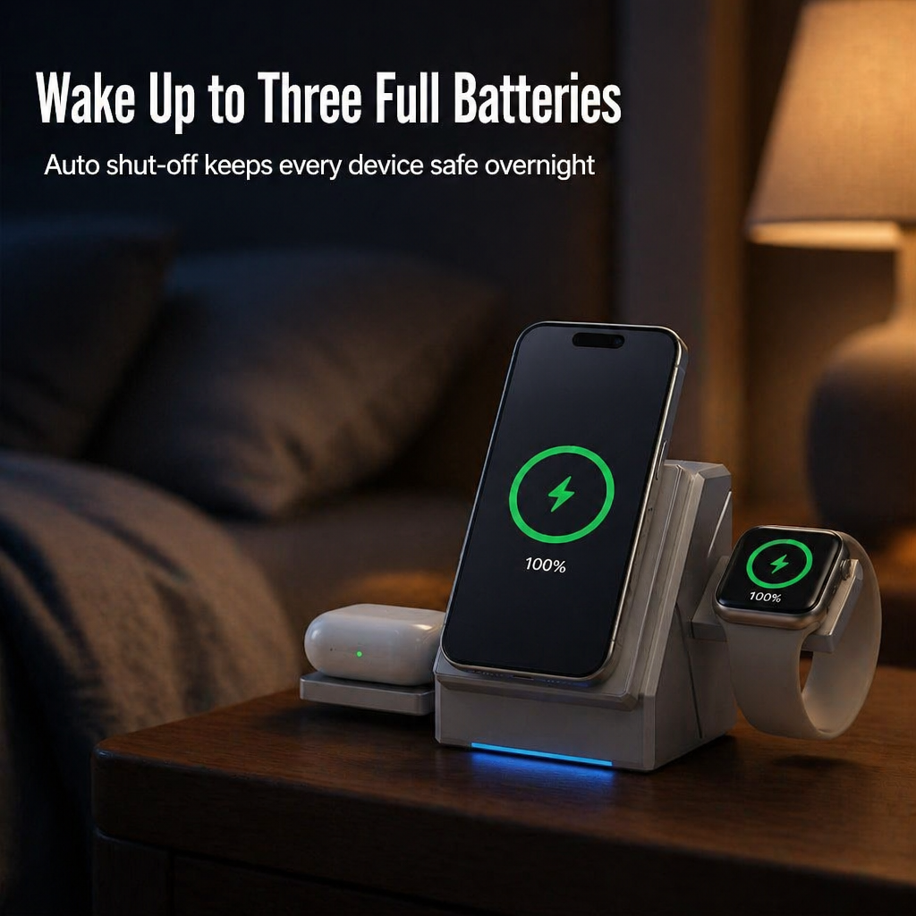 ChargeFlow™ — Snap Your iPhone, Watch & Headsets Onto One Foldable Qi2 Stand