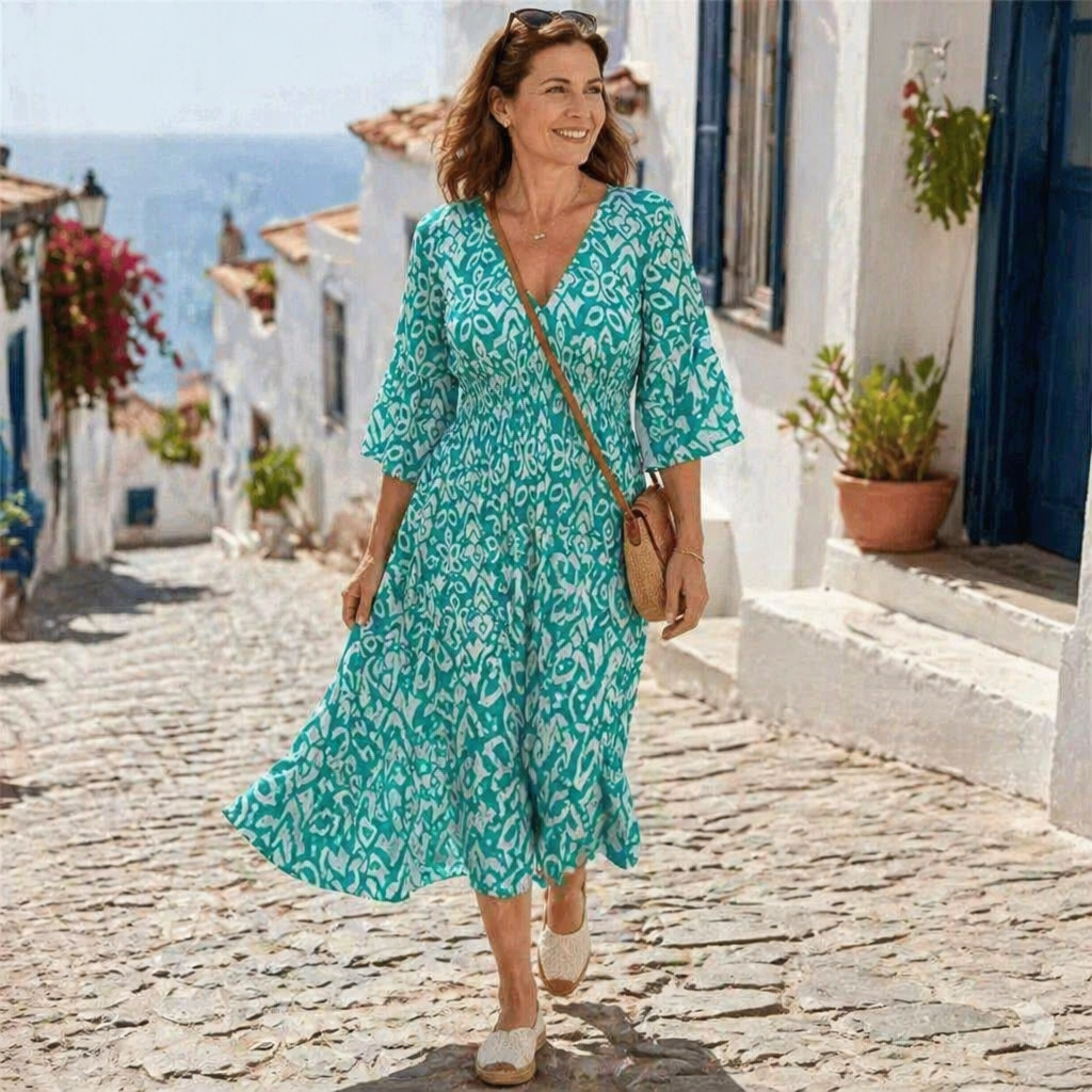 Majestella™ – Flowy V-Neck Smocked-Waist Midi Dress