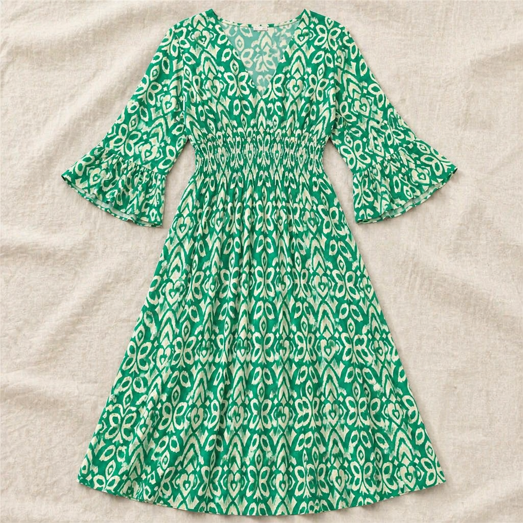 Majestella™ – Flowy V-Neck Smocked-Waist Midi Dress