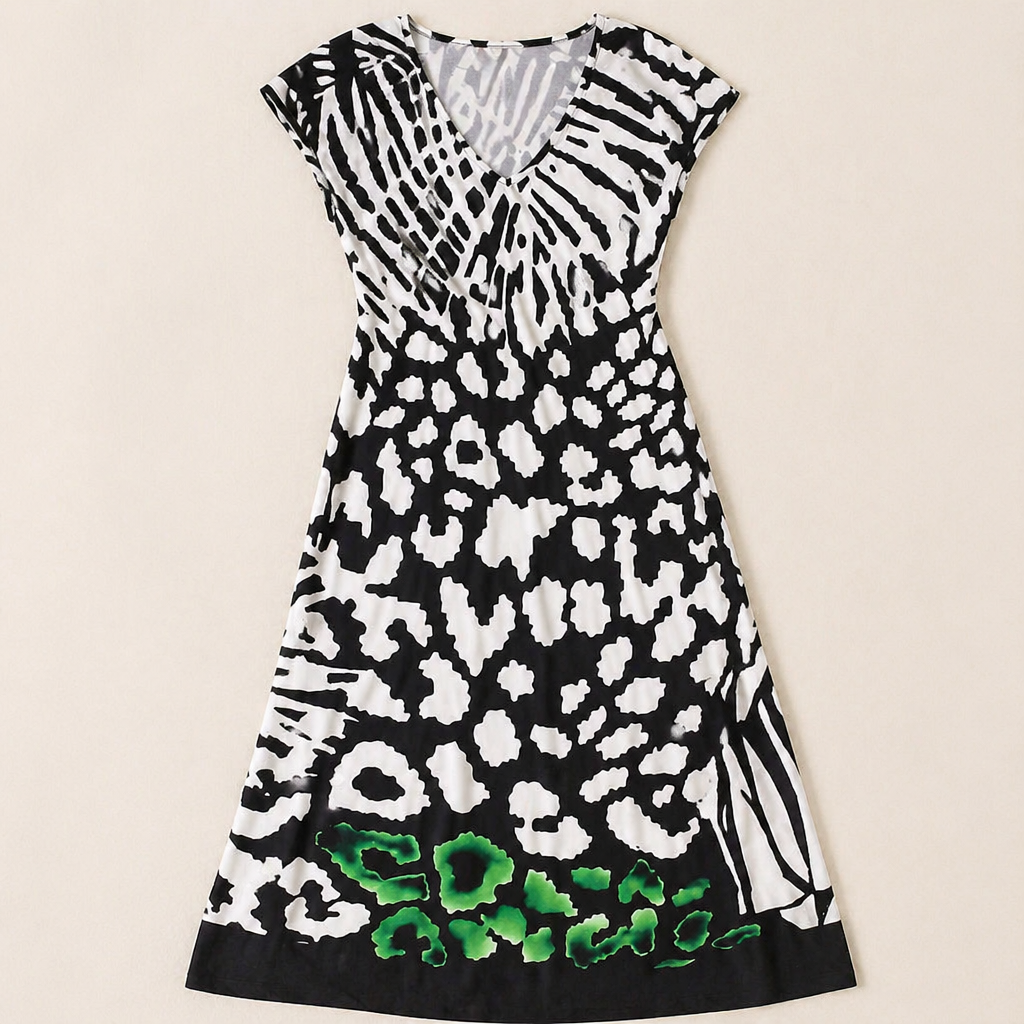 LuminaFlow™ – Flowy V-Neck Midi Dress with Mixed Animal Print