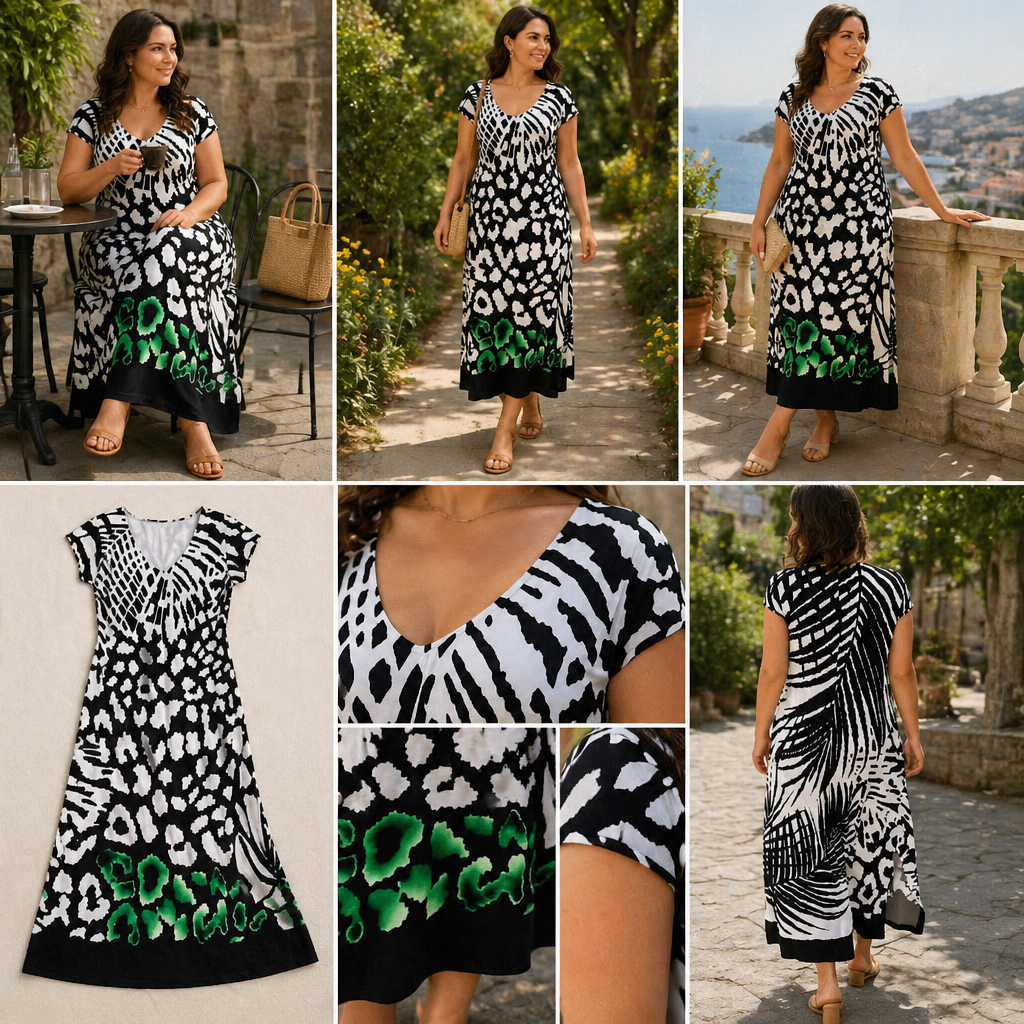 LuminaFlow™ – Flowy V-Neck Midi Dress with Mixed Animal Print