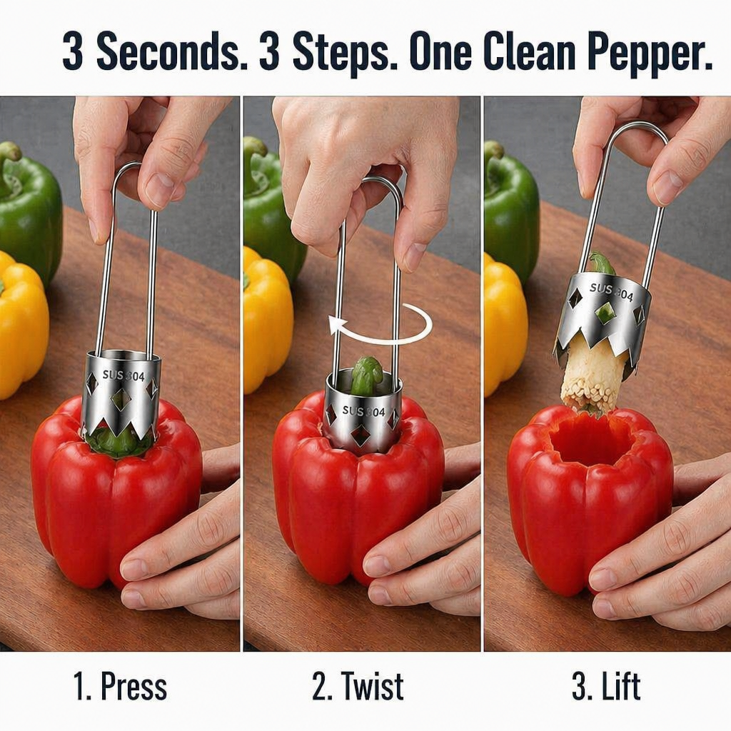 CoreEase™ — Hollow Out Peppers, Apples & Pears in One Clean Twist