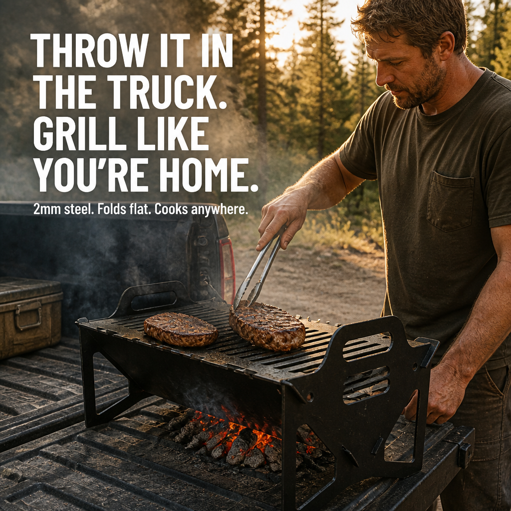 FlamePorta™ — Fold a Heavy-Duty Steel Grill Flat and Cook on Any Trip