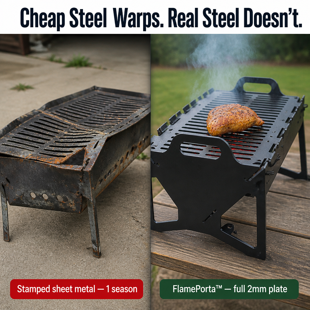 FlamePorta™ — Fold a Heavy-Duty Steel Grill Flat and Cook on Any Trip