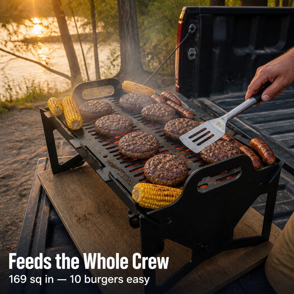 FlamePorta™ — Fold a Heavy-Duty Steel Grill Flat and Cook on Any Trip