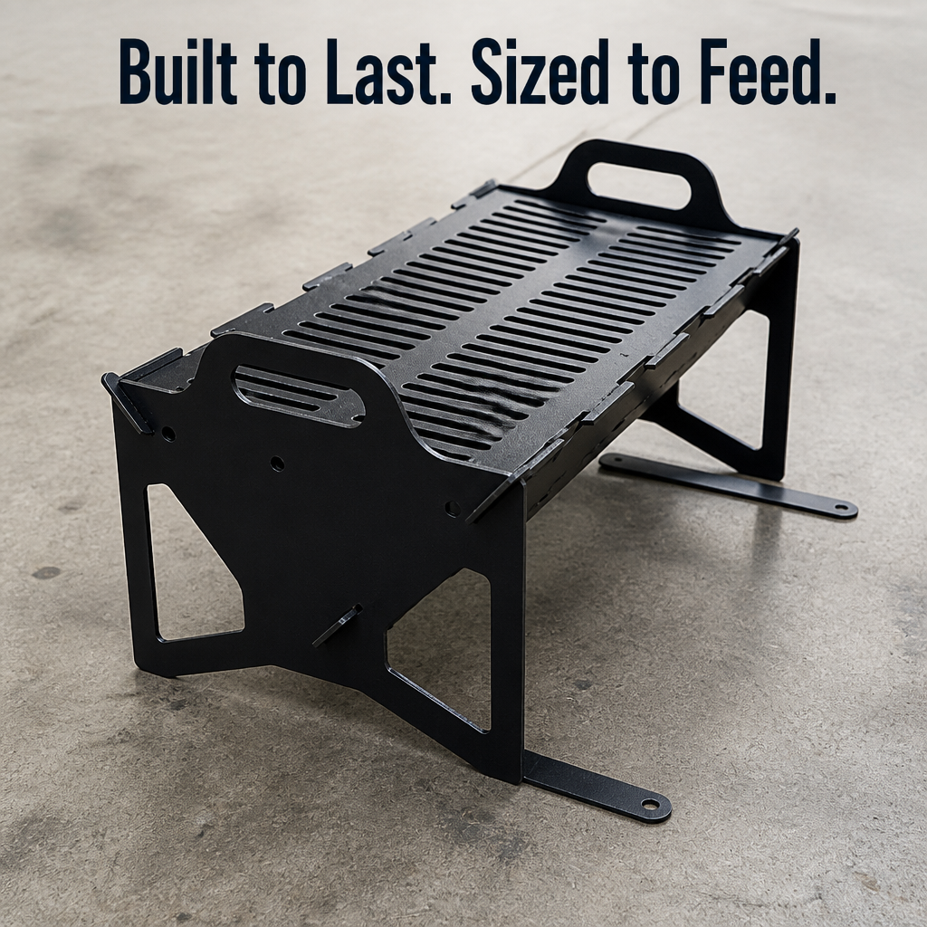 FlamePorta™ — Fold a Heavy-Duty Steel Grill Flat and Cook on Any Trip
