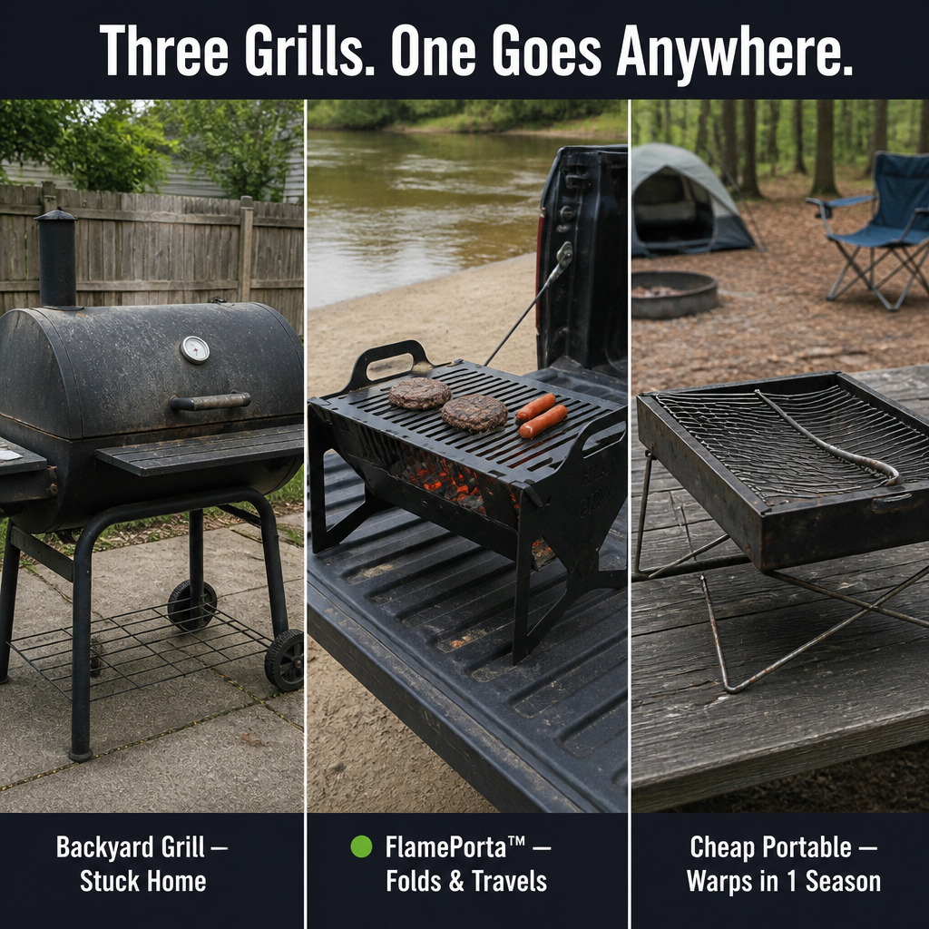 FlamePorta™ — Fold a Heavy-Duty Steel Grill Flat and Cook on Any Trip