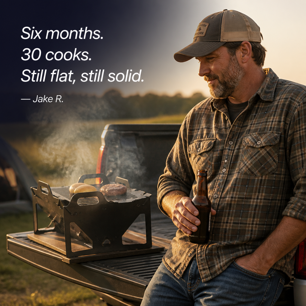 FlamePorta™ — Fold a Heavy-Duty Steel Grill Flat and Cook on Any Trip