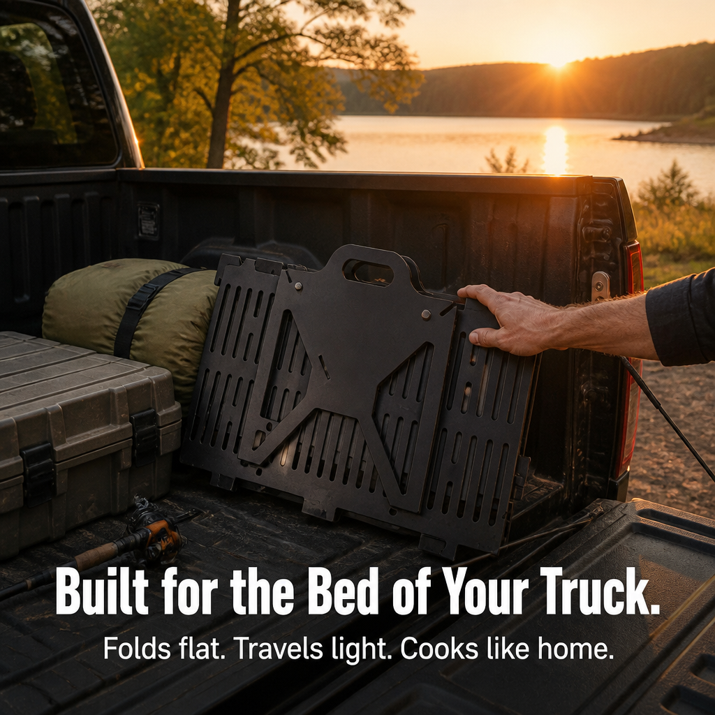 FlamePorta™ — Fold a Heavy-Duty Steel Grill Flat and Cook on Any Trip