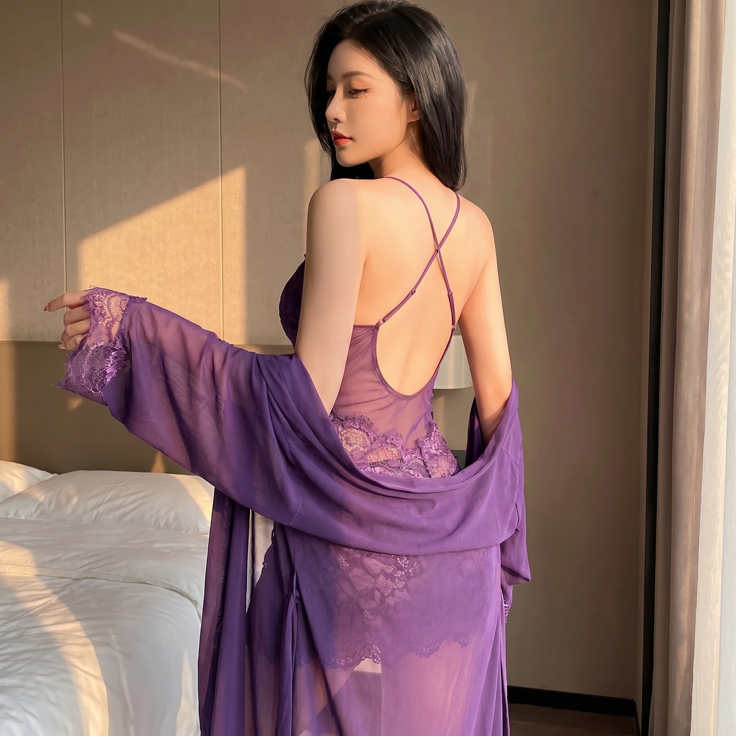 Enchantress™ – Sheer Floral Lace 3-Piece Lingerie Set with Mesh Robe