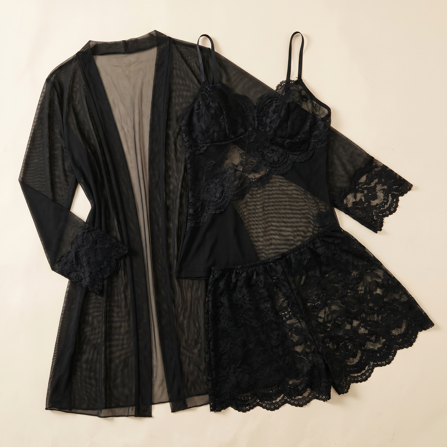 Enchantress™ – Sheer Floral Lace 3-Piece Lingerie Set with Mesh Robe