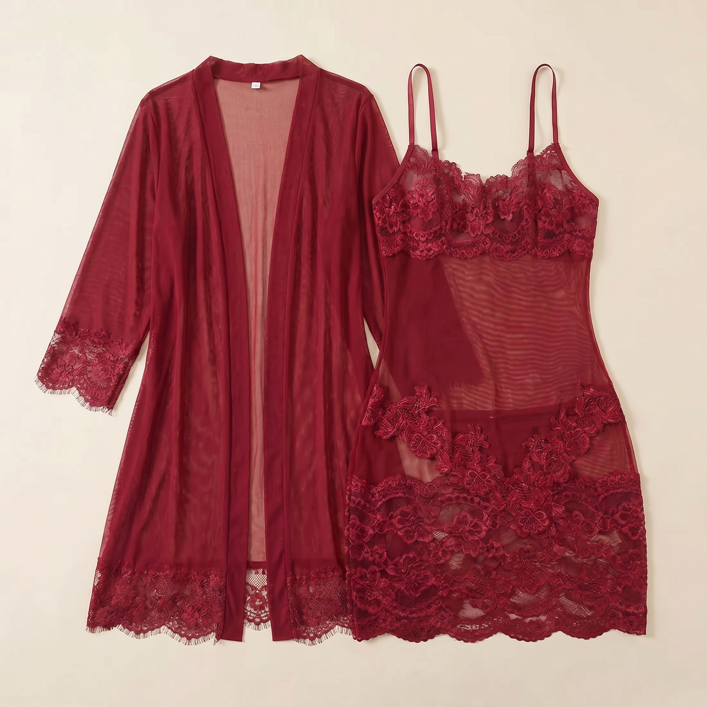 Enchantress™ – Sheer Floral Lace 3-Piece Lingerie Set with Mesh Robe