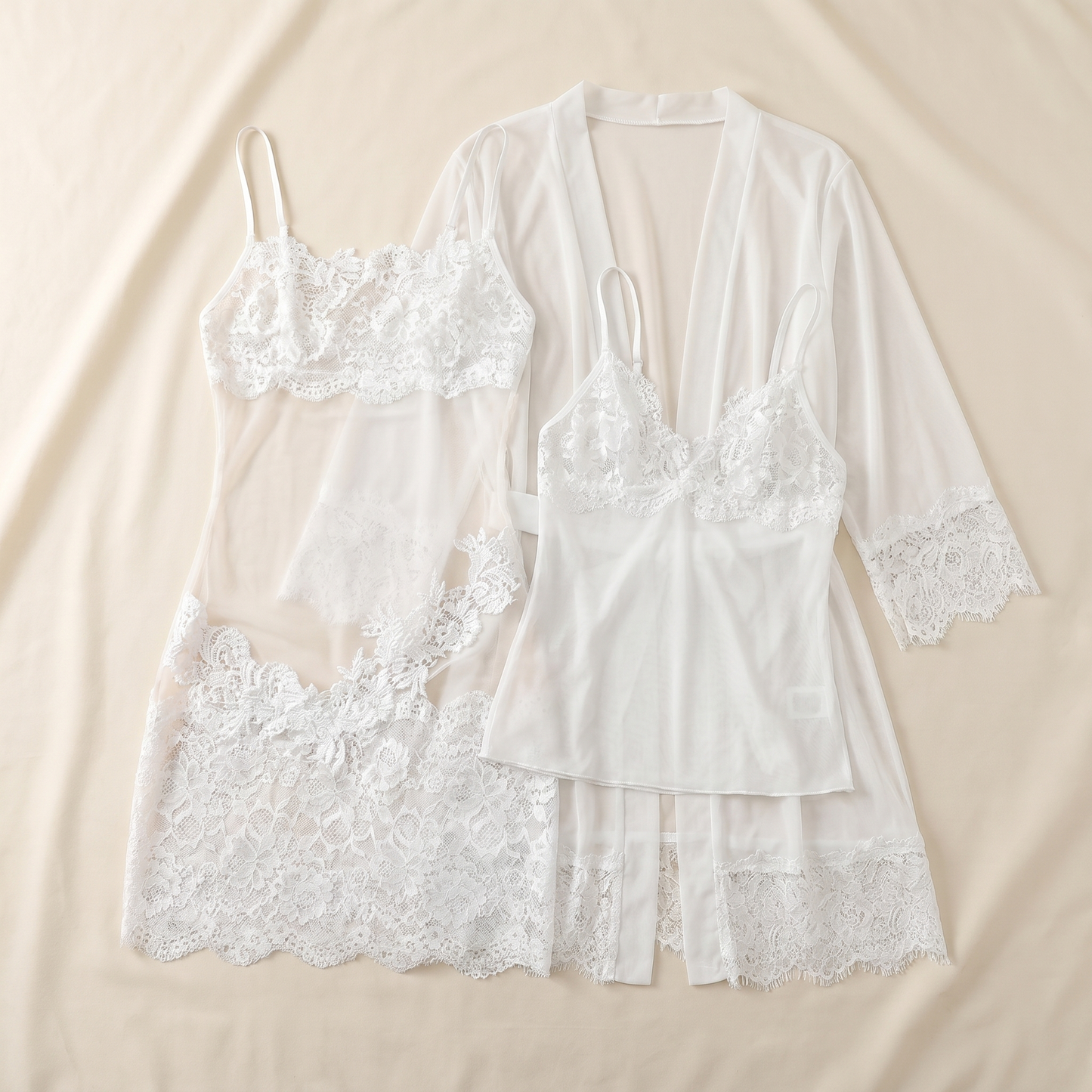 Enchantress™ – Sheer Floral Lace 3-Piece Lingerie Set with Mesh Robe