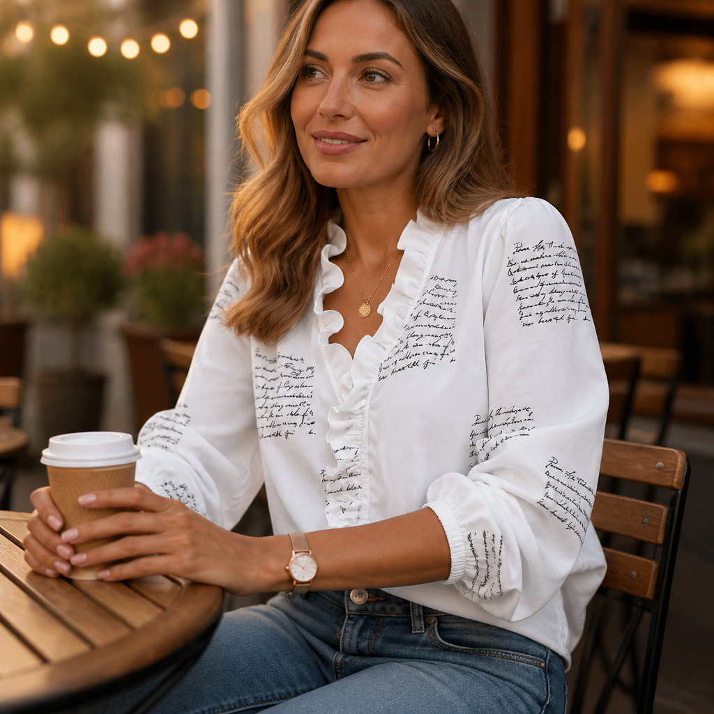 FlairMist™ – Romantic Ruffle V-Neck Blouse with Lantern Sleeves