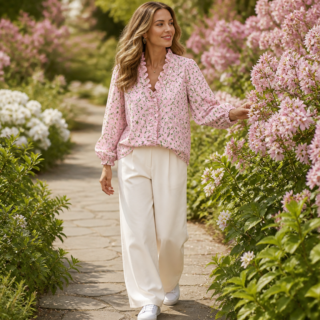 FlairMist™ – Romantic Ruffle V-Neck Blouse with Lantern Sleeves