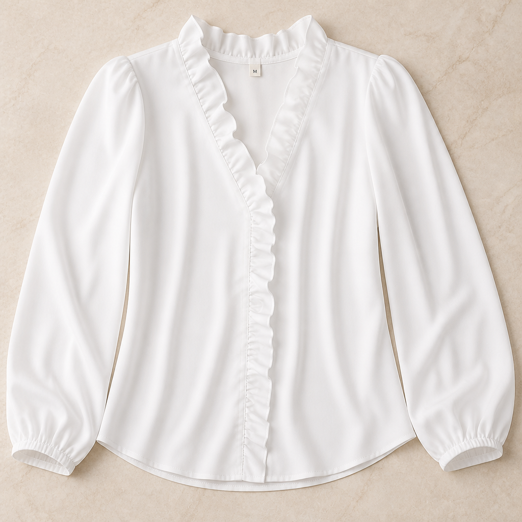 FlairMist™ – Romantic Ruffle V-Neck Blouse with Lantern Sleeves