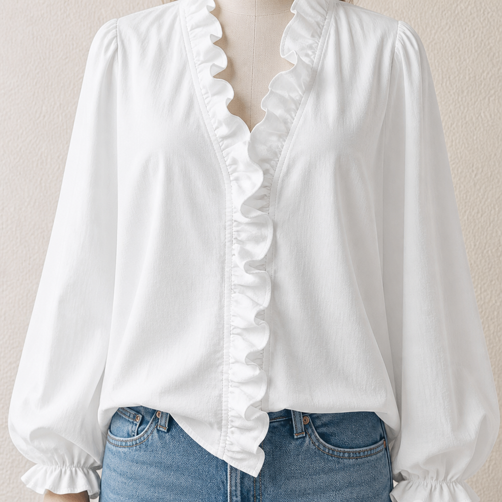 FlairMist™ – Romantic Ruffle V-Neck Blouse with Lantern Sleeves