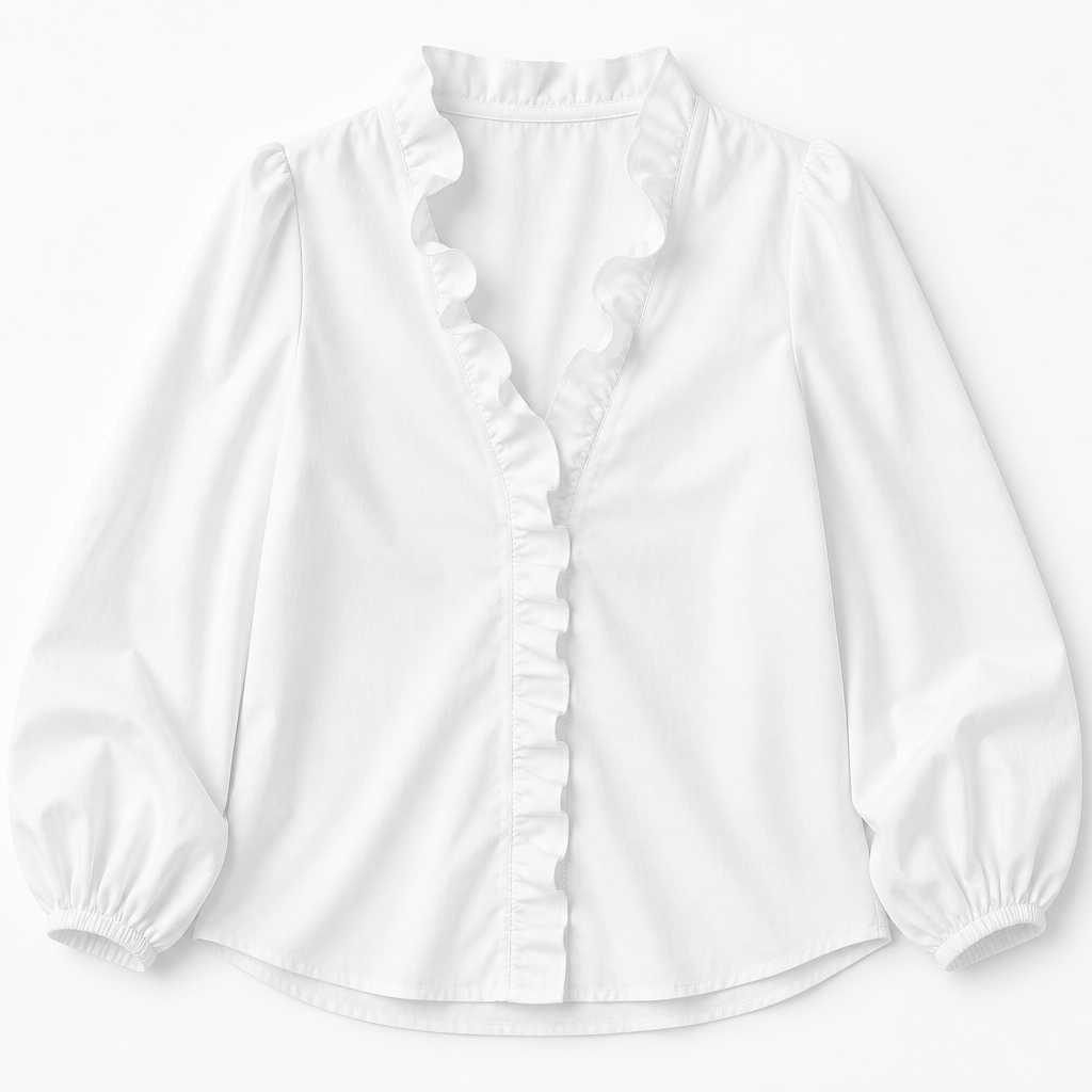 FlairMist™ – Romantic Ruffle V-Neck Blouse with Lantern Sleeves