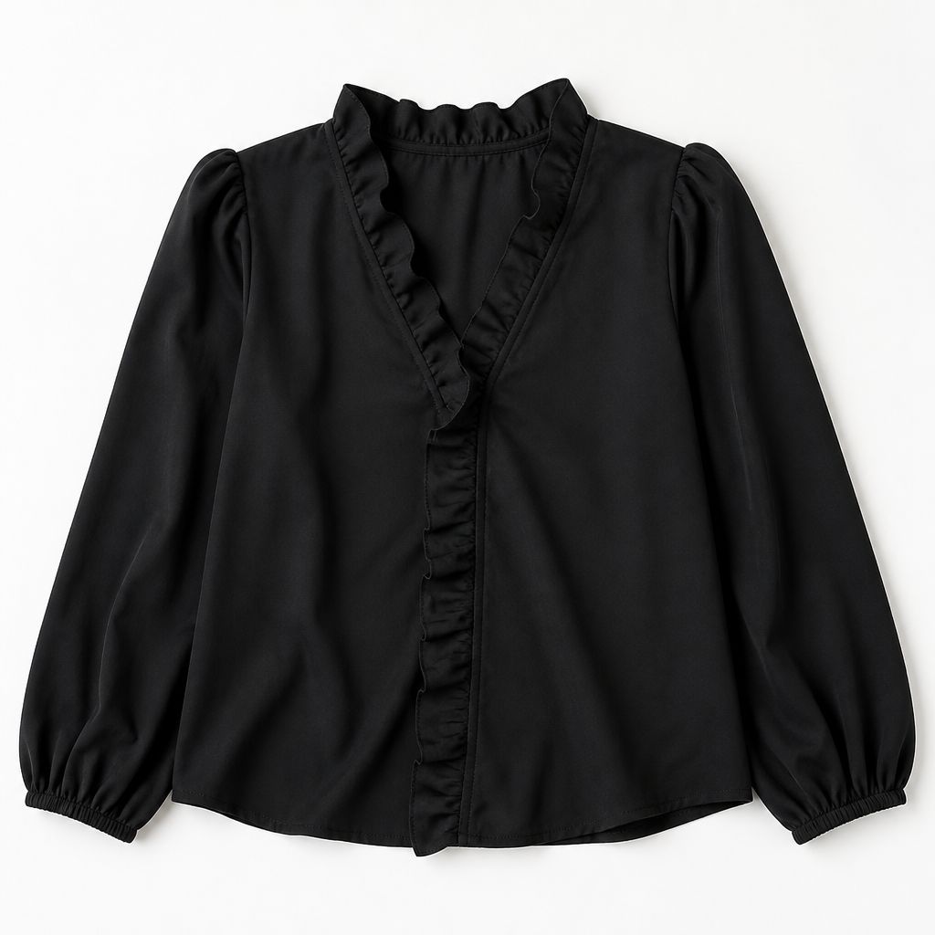FlairMist™ – Romantic Ruffle V-Neck Blouse with Lantern Sleeves