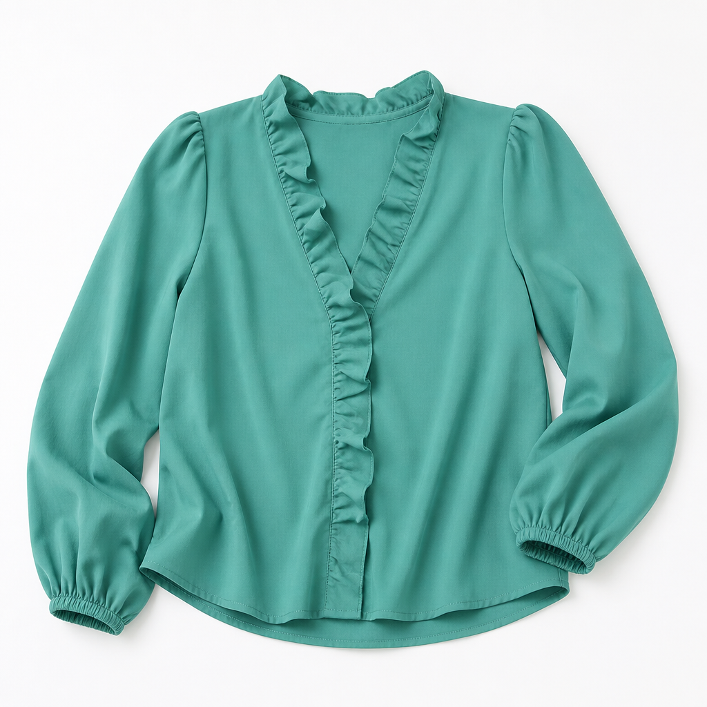 FlairMist™ – Romantic Ruffle V-Neck Blouse with Lantern Sleeves