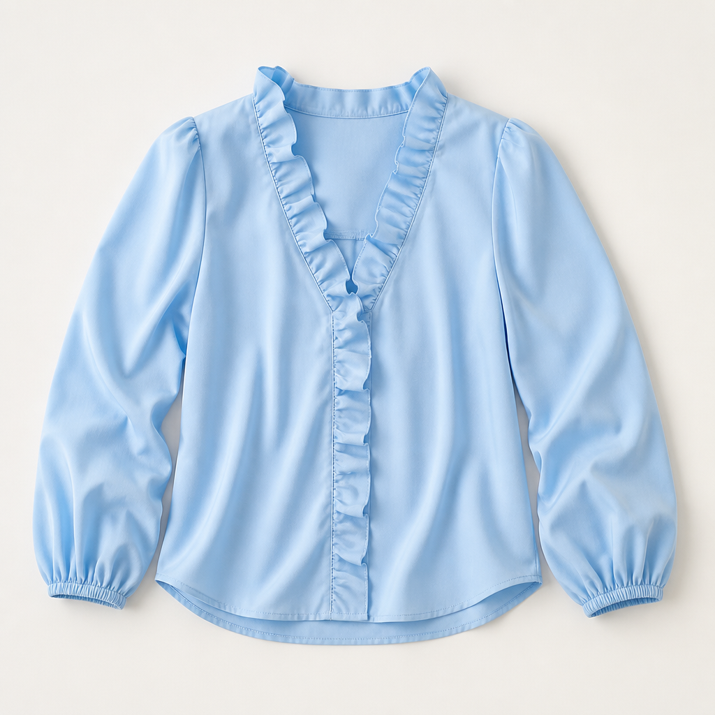 FlairMist™ – Romantic Ruffle V-Neck Blouse with Lantern Sleeves