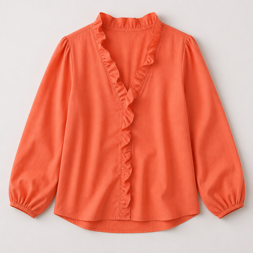 FlairMist™ – Romantic Ruffle V-Neck Blouse with Lantern Sleeves
