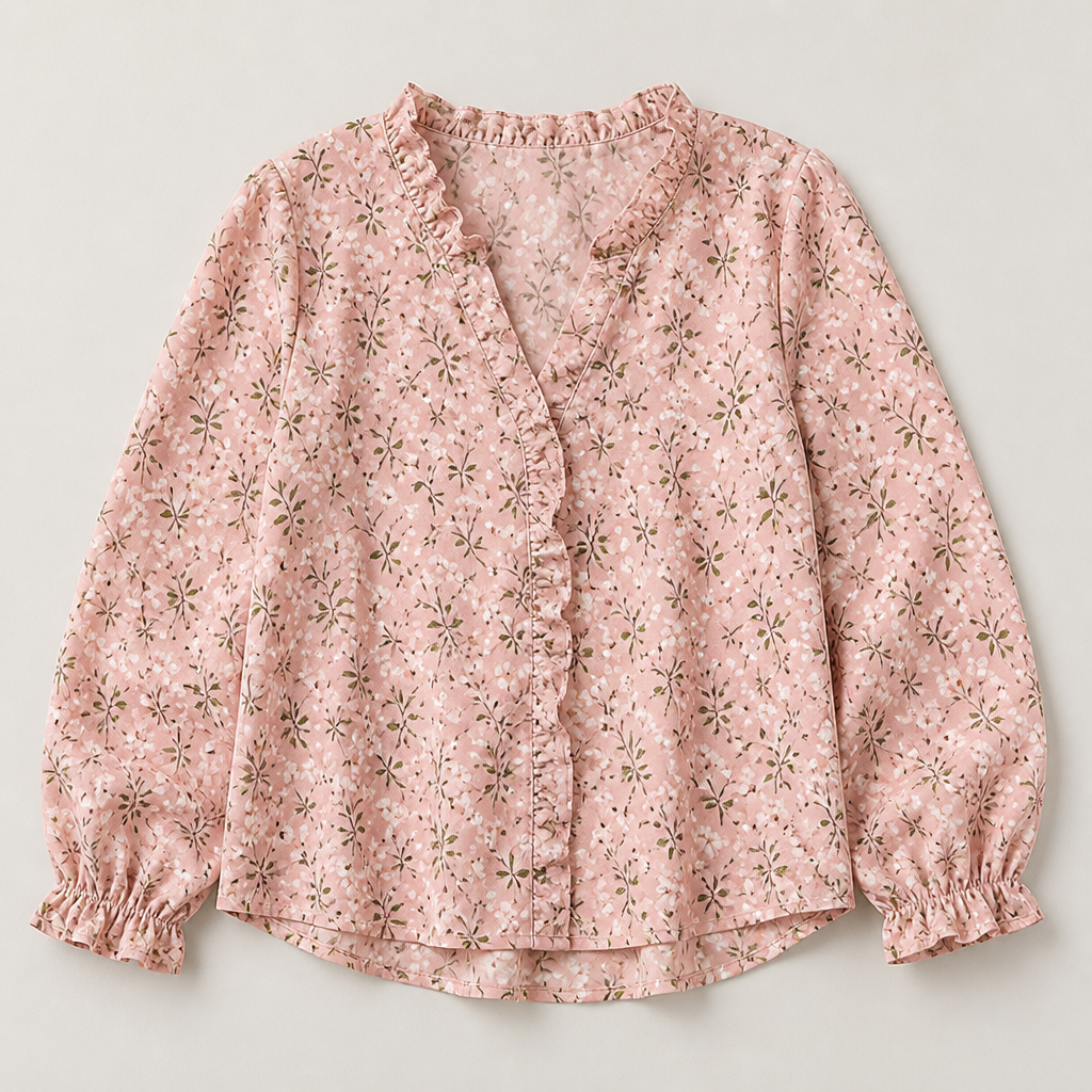 FlairMist™ – Romantic Ruffle V-Neck Blouse with Lantern Sleeves