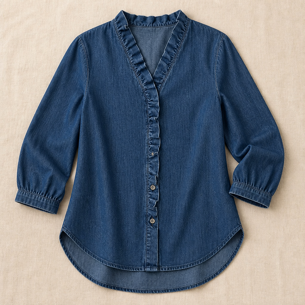 Brielle™ – Soft Chambray Ruffle V-Neck Shirt with High-Low Hem